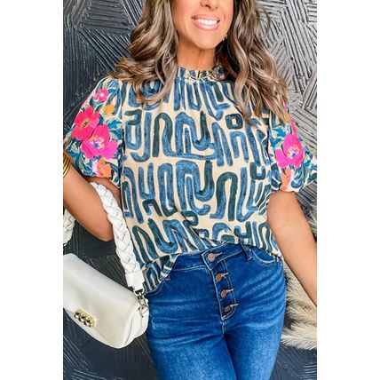 Beige Embroidered Puff Sleeve Frilled Neck Printed Top