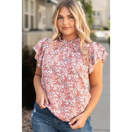 Pink Plus Size Floral Print Ruffled Sleeve Frilled Neck Blouse
