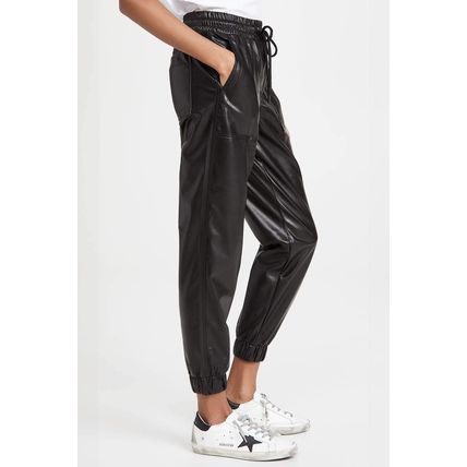 Black Faux Leather Ankle Smocked Waist Drawstring Joggers