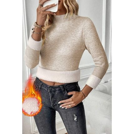 Apricot Thermal Lined Ribbed Knit Mock Neck Sweater