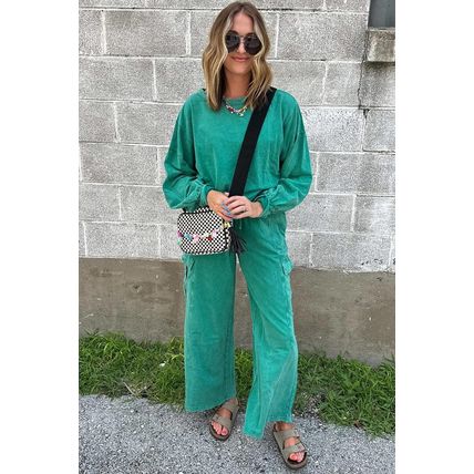 Lapis Solid Color Patchwork Pullover Top and Cargo Pants Set
