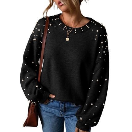 Black Pearled Drop Shoulder Round Neck Sweater