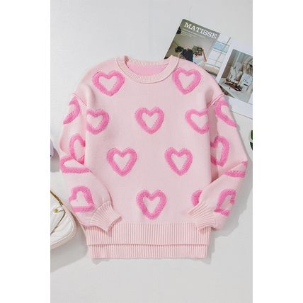 Pink Heart Shape Bubble Sleeve Baggy Sweater
