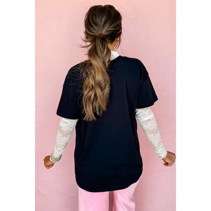 Black Pink Daisy Flower Printed Cotton Blend T Shirt