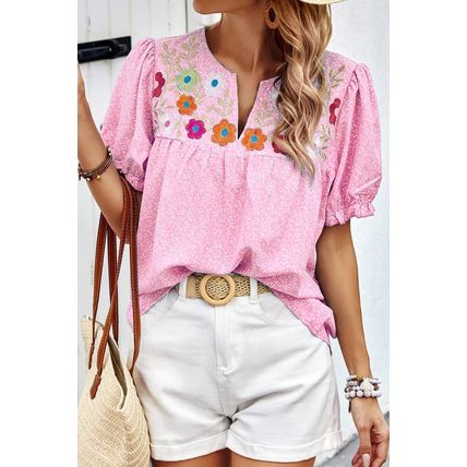 Pink Floral Embroidered Puff Sleeve Notched V Neck Blouse