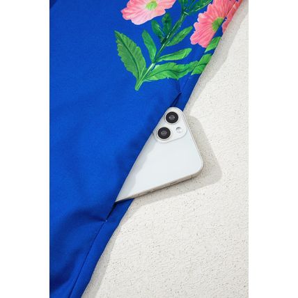 Blue Floral Short Sleeve Split Neck Loose Mini Dress