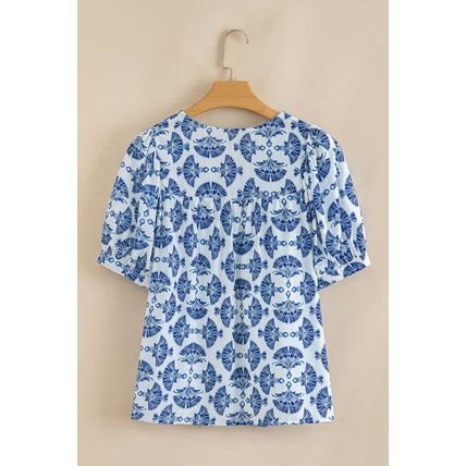 Sky Blue Geometric Print Tassel Drawstring V Neck Blouse