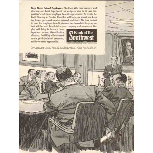 BANK OF THE SOUTHWEST 1962 keep those valued employees vintage ad