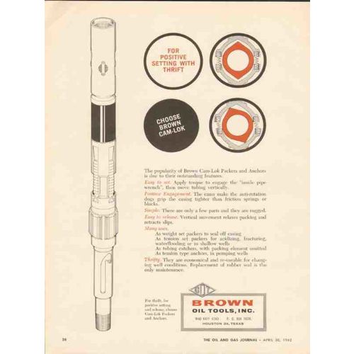 BROWN OIL TOOLS INC 1962 positive setting Cam-Lok packers vintage ad