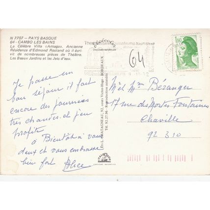 Cambo Les Bains Le Villa France Postcard posted 1982 VGC