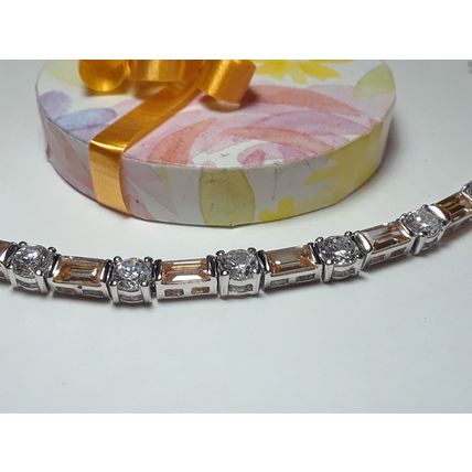 7.0ctw Emerald Cut Golden CZ & Rd CZ Sterling Silver 7 1/4" Tennis Bracelet16935