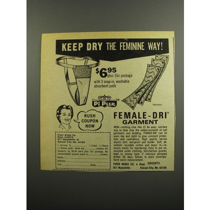 1972 Piper Brace Pi Peer Female-Dri Garment Ad - Keep dry the feminine way