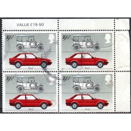 1982 British Motor Industry, 19.1/2p Ford Model 'T' &. Escort. Fine Used Block 4