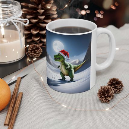Personalized Dinosaur Raptor Rocks Christmas Santa Red Hat Ceramic Mug 11oz #8 C
