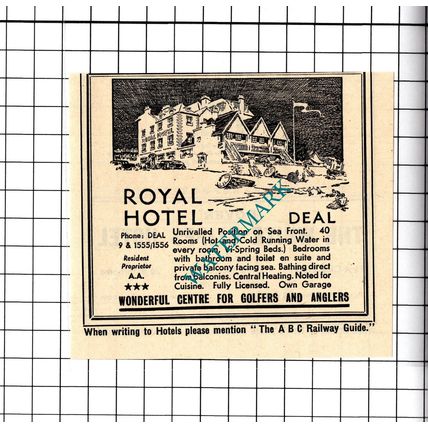 Royal Hotel Deal Kent Small Advert - 1958 Cutting / Print
