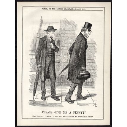 PLEASE GIVE ME A PENNY! 1891 Sir John Tenniel George Goschen PUNCH CARTOON PAGE