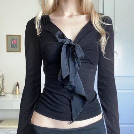 Vintage Y2K Tie-Up Black T-shirt Fold Slim Grunge Crop Top Harajuku Kawaii Tee