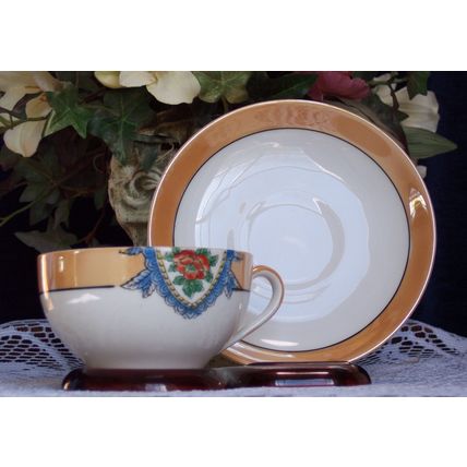 Noritake M Flat Cup & Saucer Peach Luster Gold Trim Flower Framed in Blue Yellow