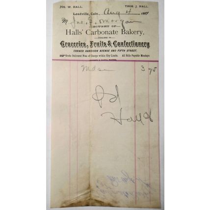 1884 Halls' Carbonate Bakery - Groceries... Billhead receipt. Leadville Colorado