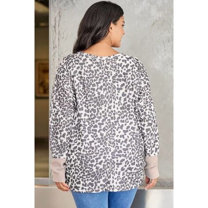 Leopard Plus Size Waffle Knit Patchwork Long Sleeve Henley Top