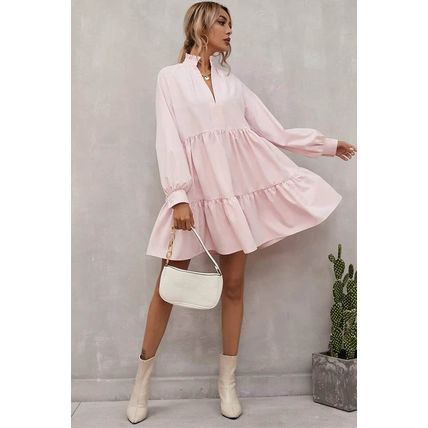 Pink Frilled Stand Collar Long Sleeve Ruffle Dress