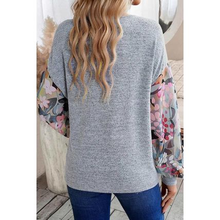 Gray Floral Lantern Sleeve Patchwork Buttoned V Neck Top