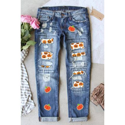 Sky Blue Ripped Pumpkin Patchwork Halloween Straight Jeans