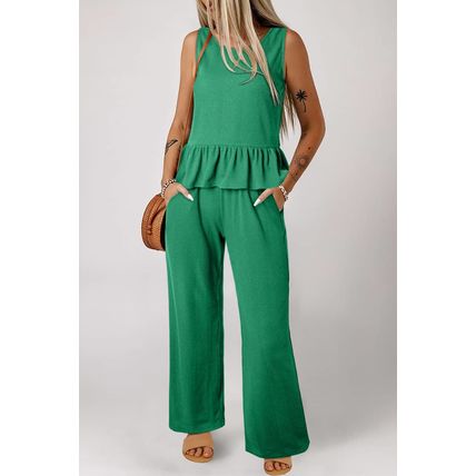 Green Solid Color Ribbed Ruffle Tank Top and Pants Set