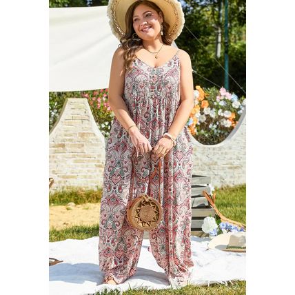Multicolour Plus Size Paisley Print Sleeveless V Neck Jogger Jumpsuit