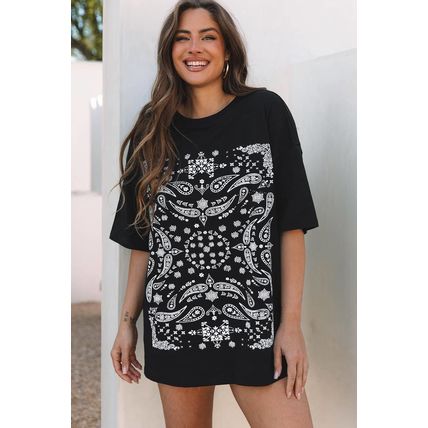 Black Paisley Print Crew Neck Loose Fit Tunic Tee
