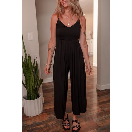 Black Spaghetti Straps Open Back Pleated Wide Leg Jumpsuit