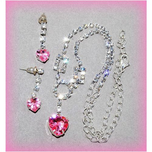 Bride Prom Necklace Deep Pink Crystal Pendant Earring Set Chain Jewellery 1422
