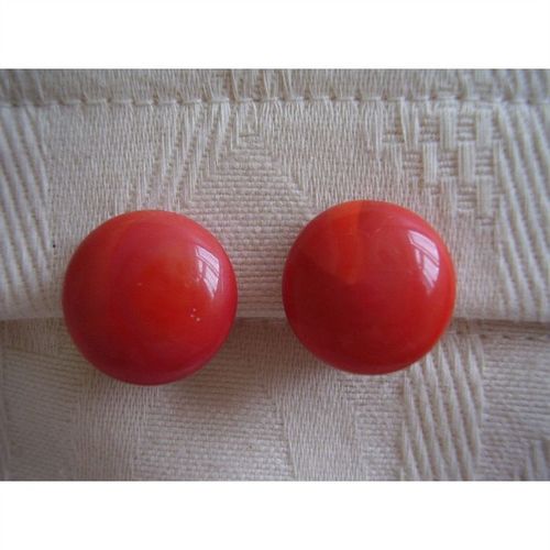 1950's Small Round Marbled Lipstick Red Murano Glass Button Clip on Earrings