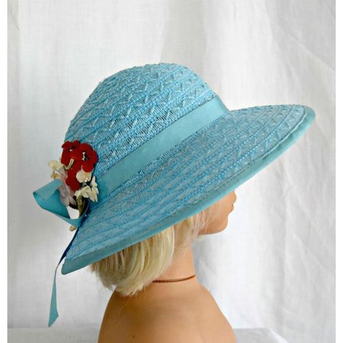 Womens Vintage 1960 Blue Flower Hat