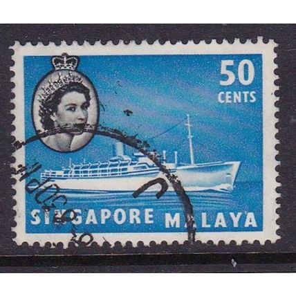 SINGAPORE 1955 QEII 50c SHIP USED SG49