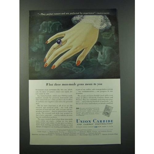1949 Union Carbide Ad - What These Man-Made Gems Mean to You
