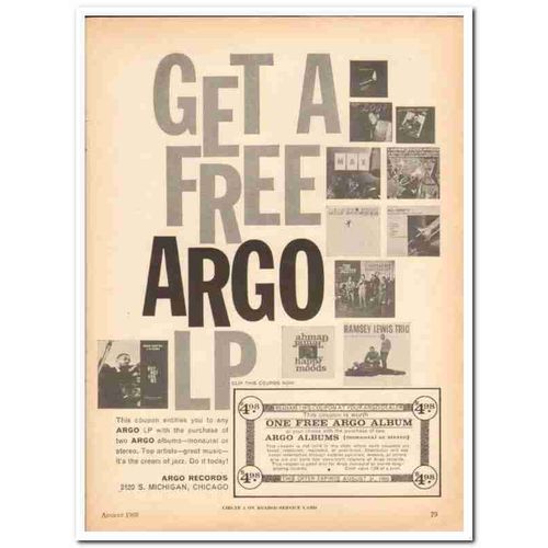 ARGO RECORDS 1960 Get Free LP jazz album coupon stereo vintage ad