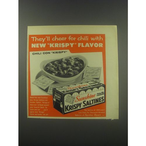 1958 Sunshine Krispy Saltines Crackers Ad - They'll cheer for chili