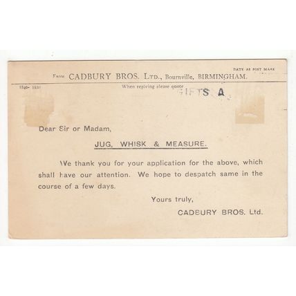 1926 Bournville Birmingham Pre-paid Meter Postmark on Postcard Cadburys Bros