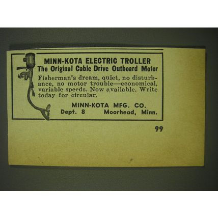 1952 Minn-Kota Electric Troller Ad - The original cable drive outboard motor
