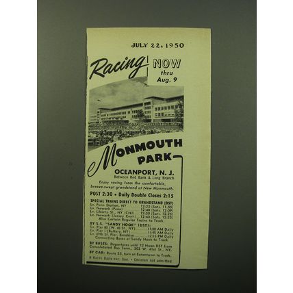 1950 Monmouth Park Racetrack Ad - Racing now thru Aug. 9