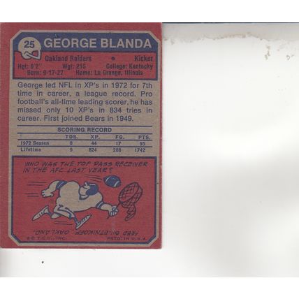 GEORGE BLANDA 1973 AUTOGRAPHED OAKAND RAIDERS HOF SUPER BOWL CHAMPION MVP QB