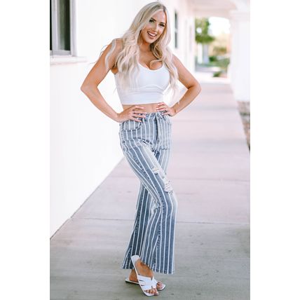 Sky Blue Vertical Striped Ripped Flare Jeans