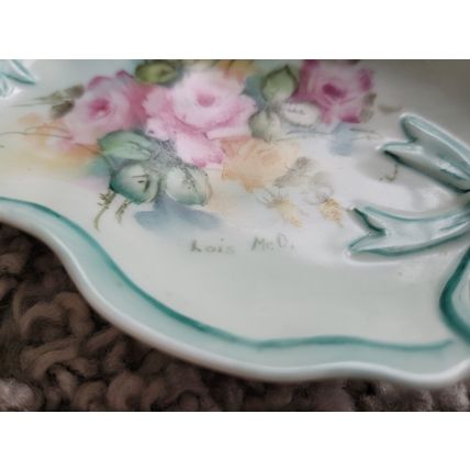 Small Vintage Flowered Oval Unique Decorative Plate Hand Painted Autographed