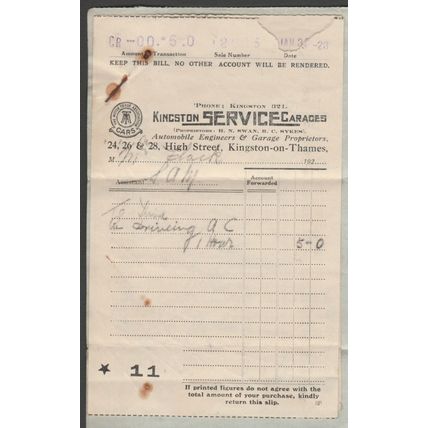 Two Bills & Receipt - Kingston Service Garages, Kingston-on-Thames, 1923