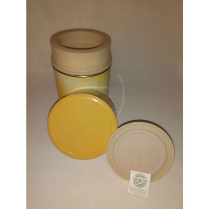 VINTAGE 1970s KING-SEELEY YELLOW GEOMETRIC PATTERN SOUP THERMOS w LID & STOPPER