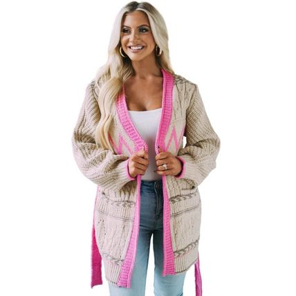 Gray Geometric Cable Knit Pocketed Open Front Cardigan