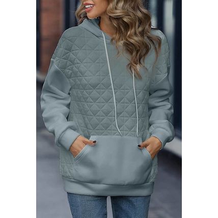 Light Grey Drop Shoulder Quilted Patchwork Kangaroo Pocket Hoodie