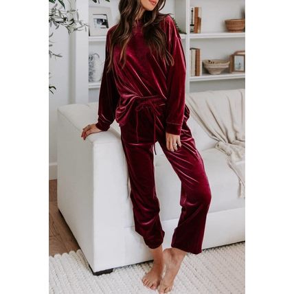 Fiery Red Solid Velvet Two Piece Lounge Set