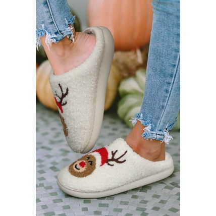 White Christmas Deer Home Indoor Plush Slippers